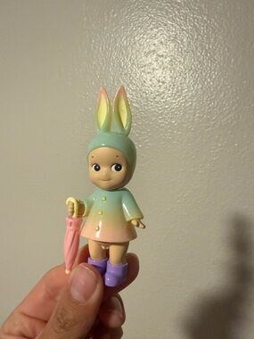 SOLD Pastel Bunny Hood Doll with Pink Umbrella - Cute Pastel Figure